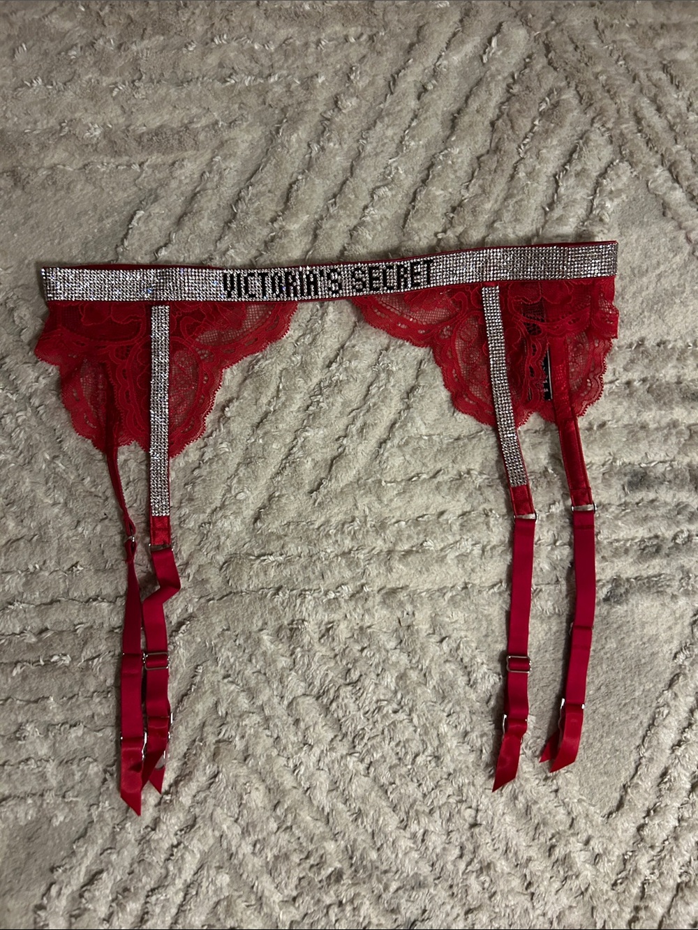 Victoria's Secret Red Lace Garter Belt with Rhinestone Trim